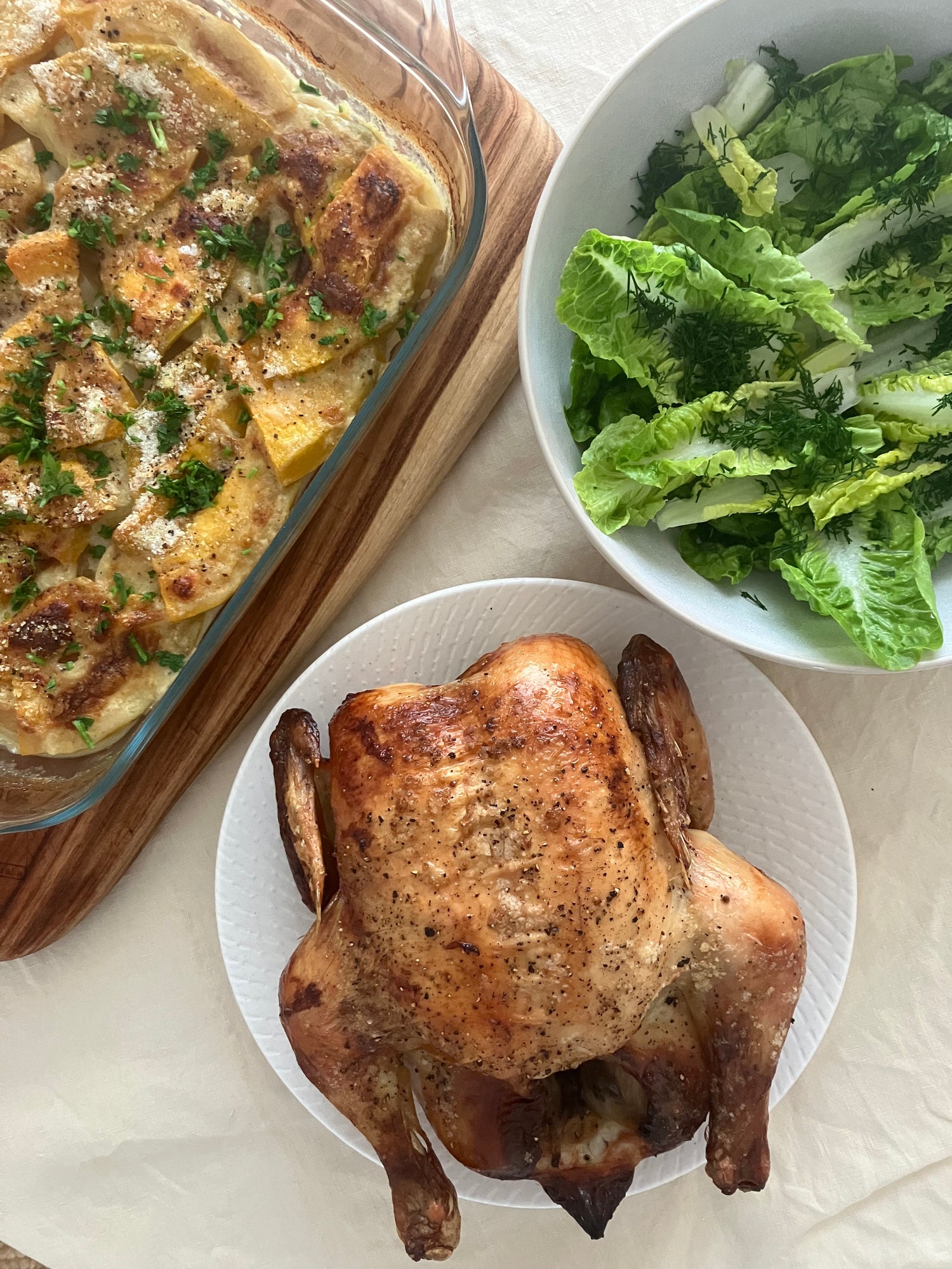Buttermilk Brined Roast Chicken with Creamy Baked Vegetables