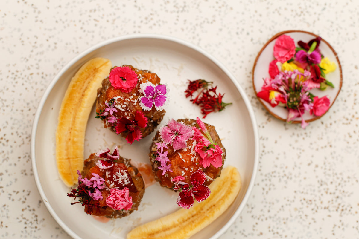 Breakfast Banana Buckwheat Muffins w/ Stewed Fruit & Flowers.