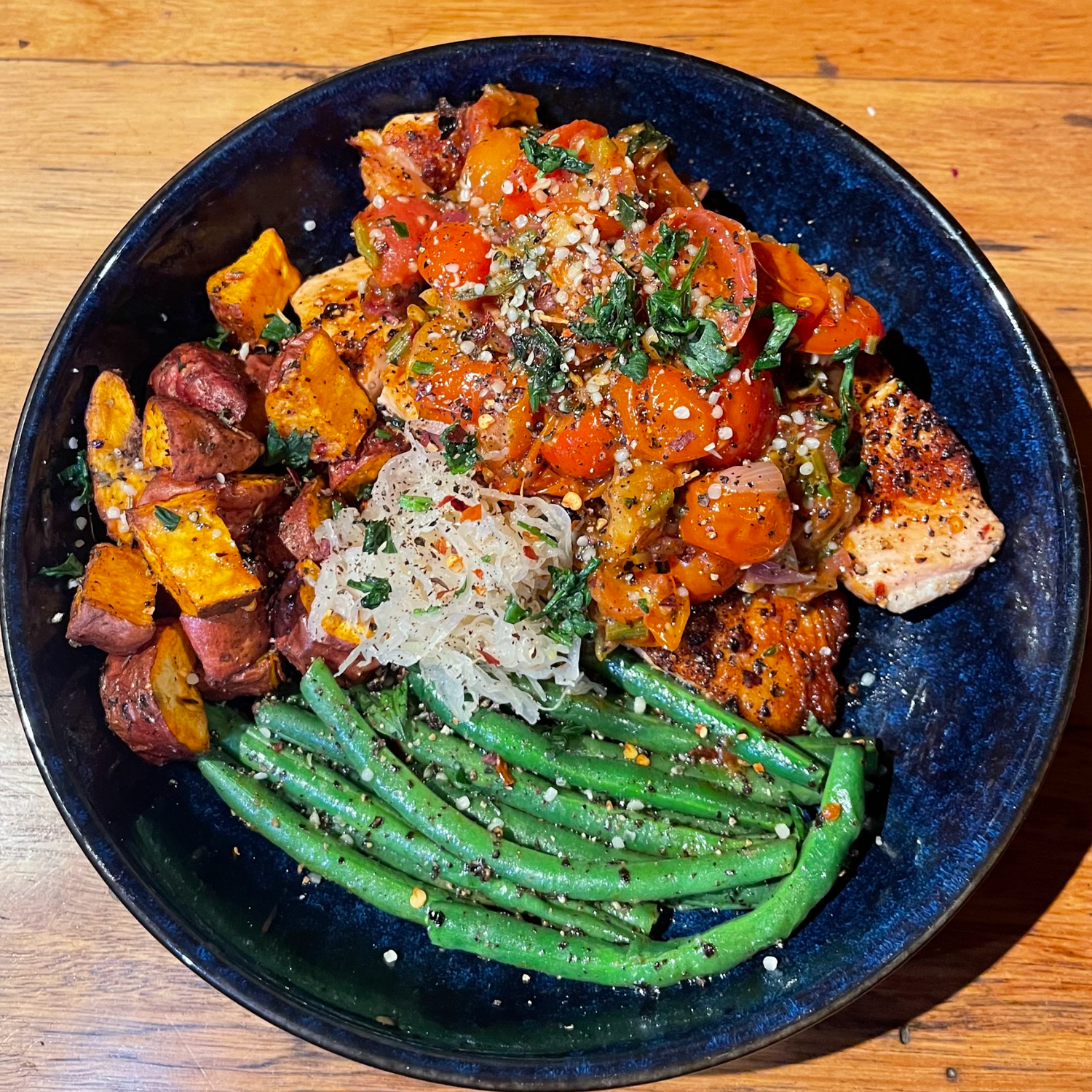 Mediterranean Grilled Salmon w/ Herby Tomato Relish, Pepper Beans & Roast Sweet Potato