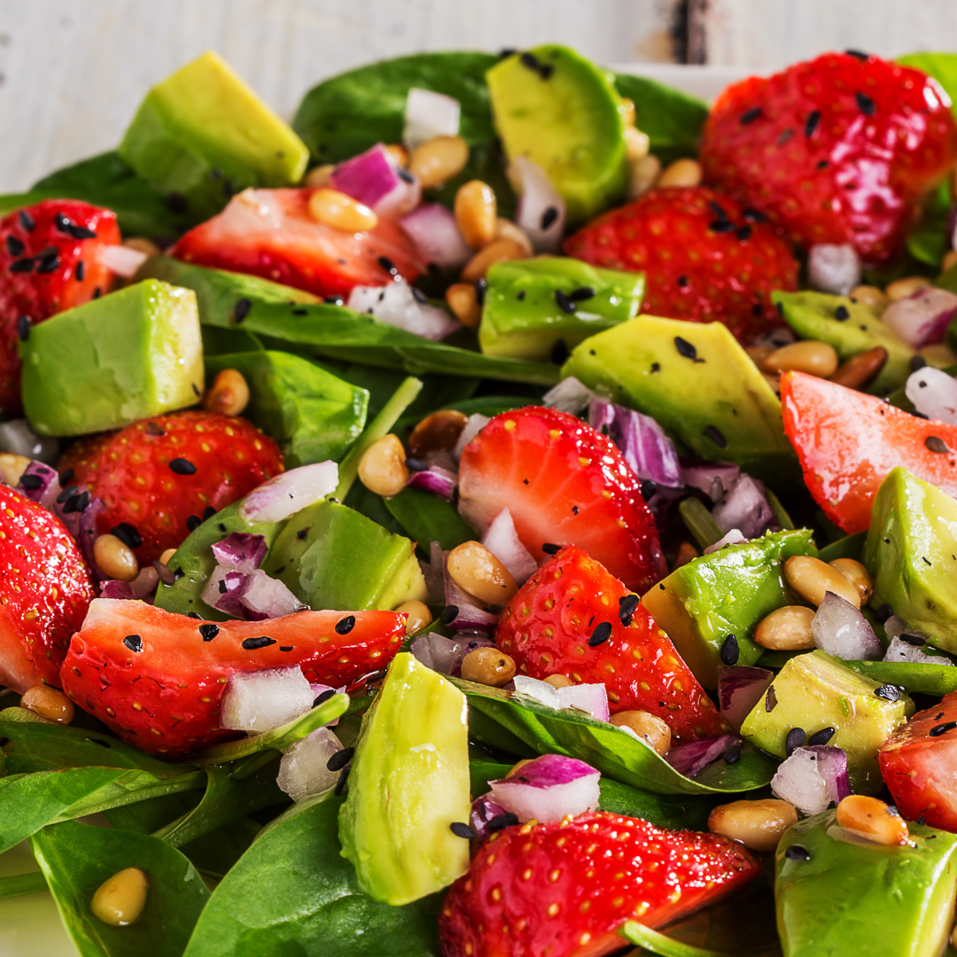 Strawberry & Balsamic Salad with Avo and Roasted Pine Nuts