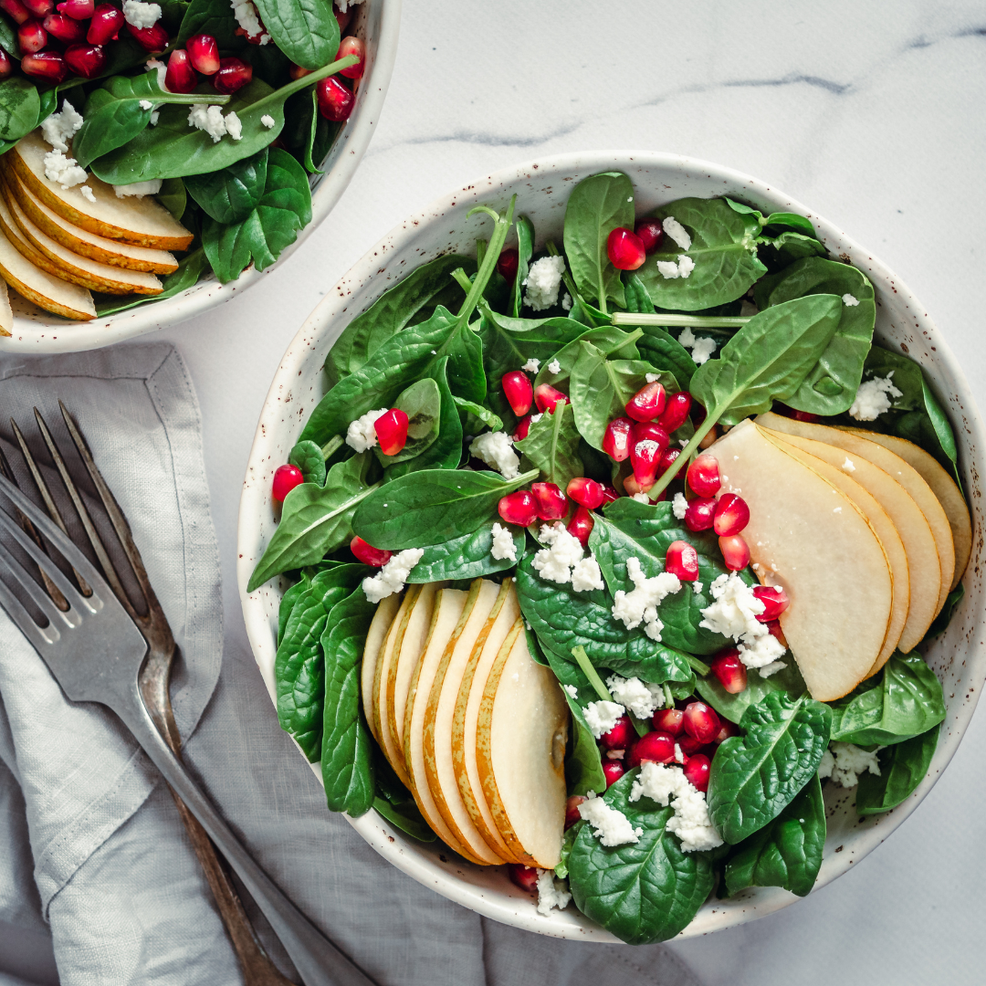 pomegranate and pear green salad with ginger dressing Pomegranate & Pear Salad with Ginger Dressing