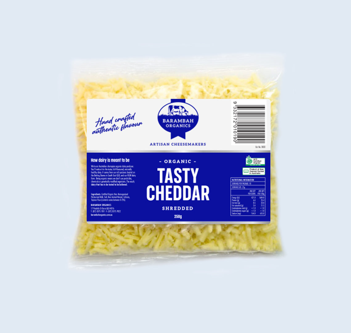 Tasty Organic Shredded Cheddar - 250g Barambah