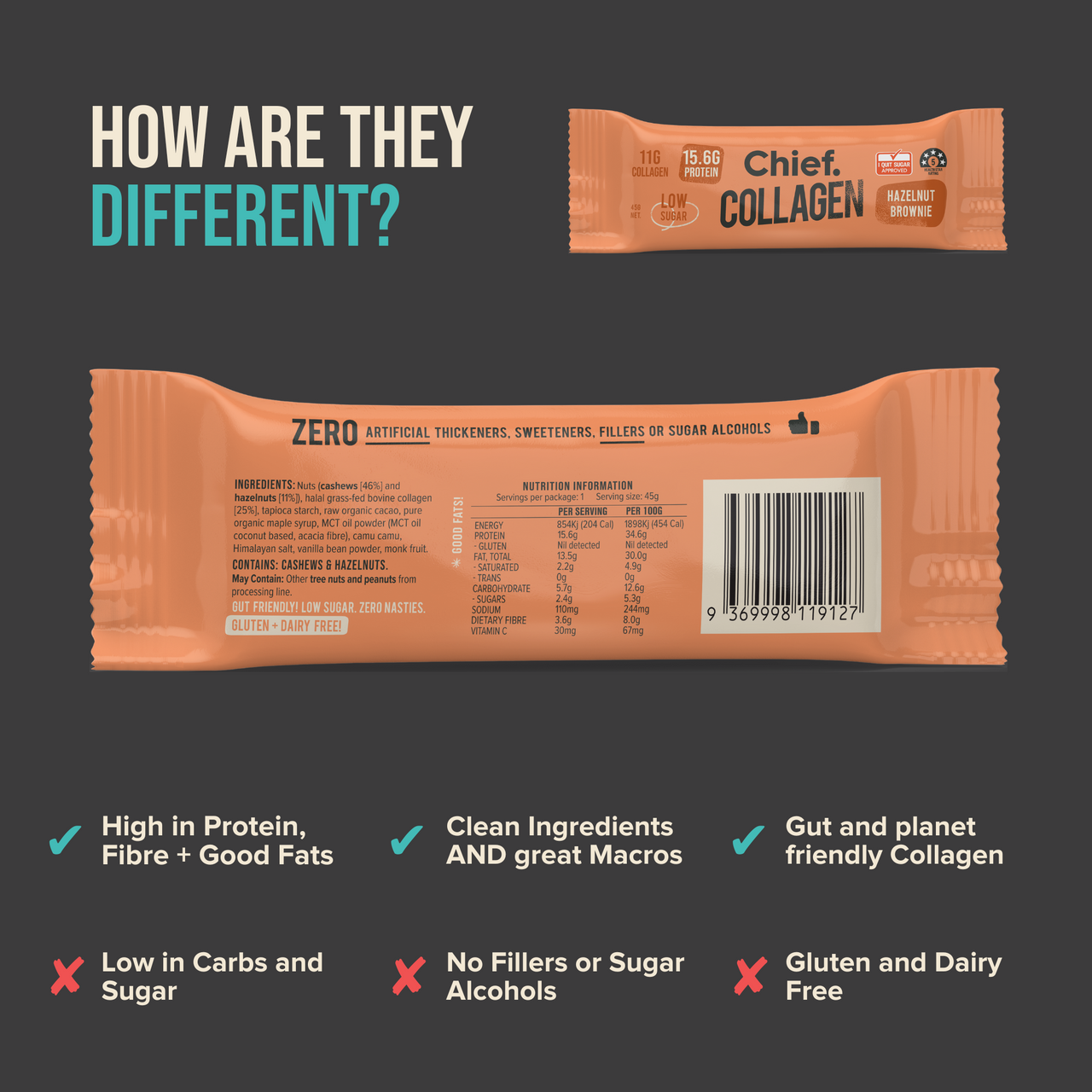 Collagen Protein Hazelnut Brownie Bar 30g - Chief