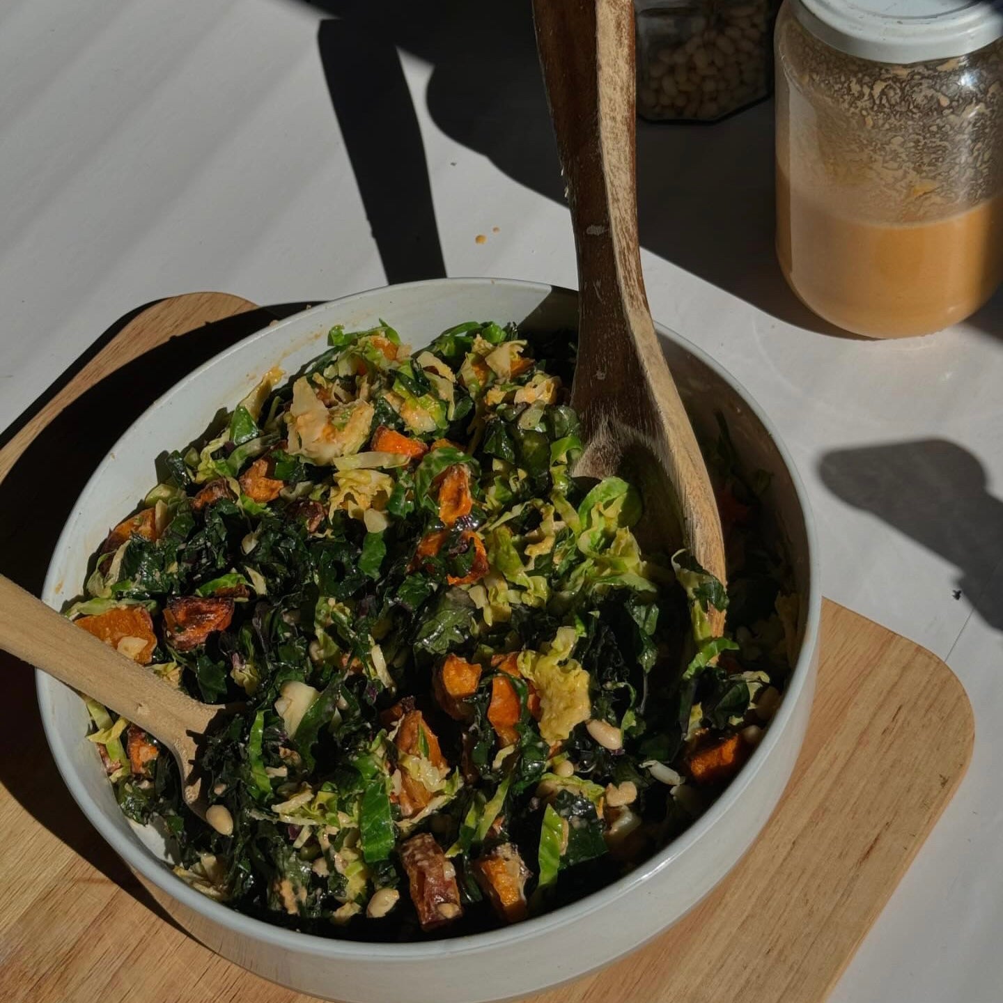 Shaved Brussels Sprout and Sweet Potatoes Salad w/ a tomato vinaigrette