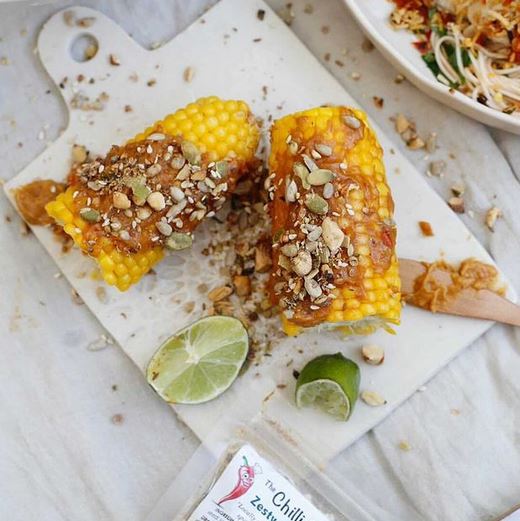 Satay Sweet Corn with Zesty Japapeno Dukka