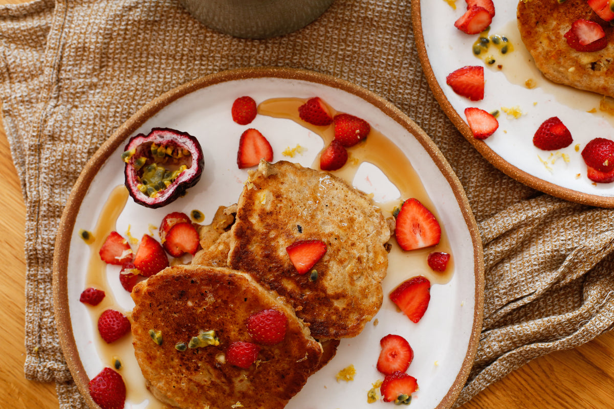 Food Club Ricotta Ricotta Pancakes w/ seasonal fruit