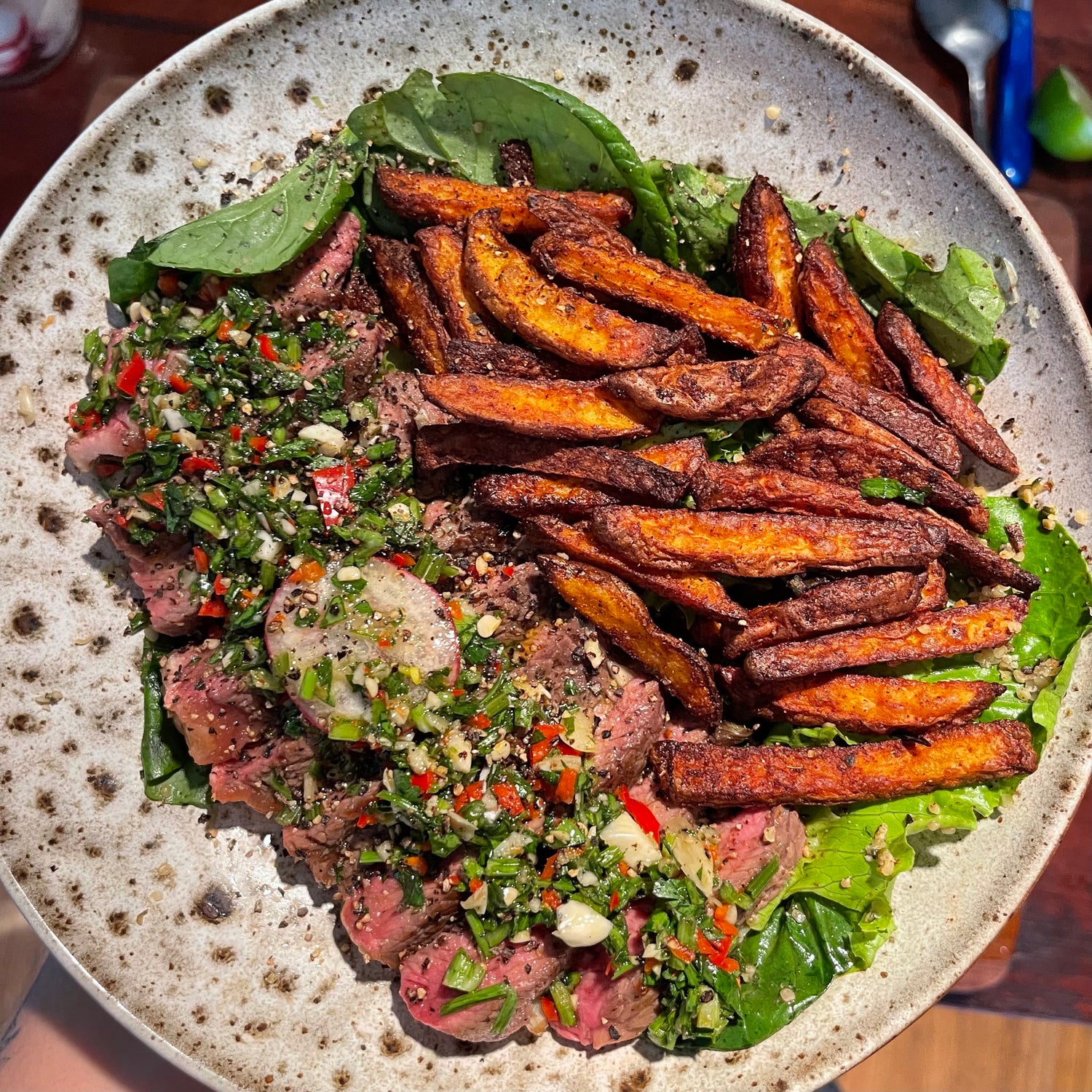 Steak frites with crispy organic fries and homemade chimichurri