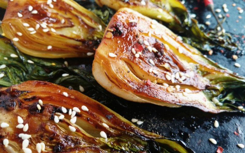Roasted Asian Greens w/ tamari, ginger, and sesame