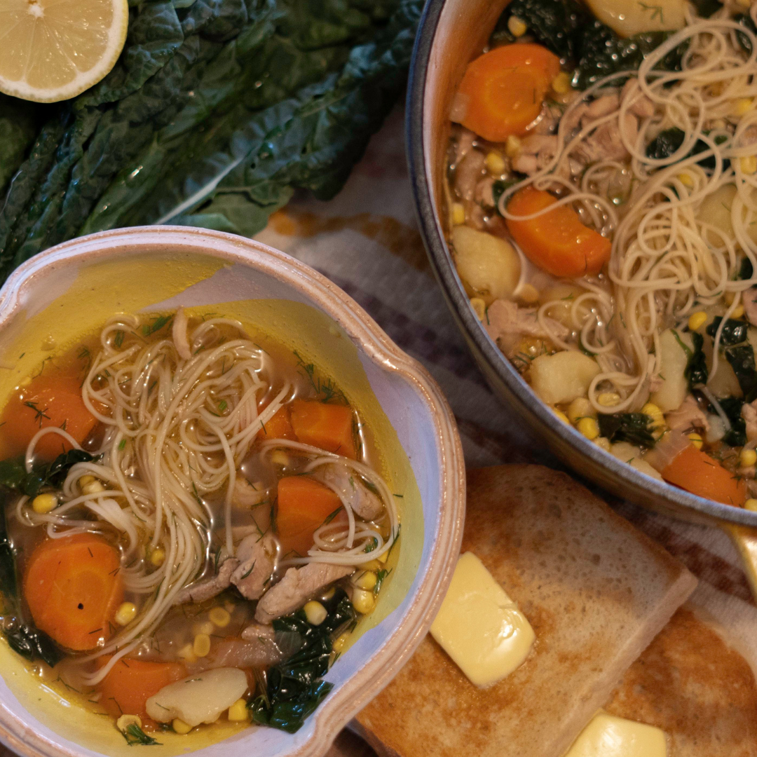 Chicken & Corn Noodle Soup w/ Lemon and Dill